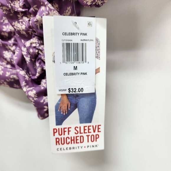 Celebrity Pink Purple Floral Puff Sleeve Ruched Top Womens Cropped Blouse Size M - Picture 7 of 9